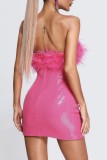 ピンクのセクシーなパッチワーク スパンコール バックレス ストラップレス ラップ スカート ドレス