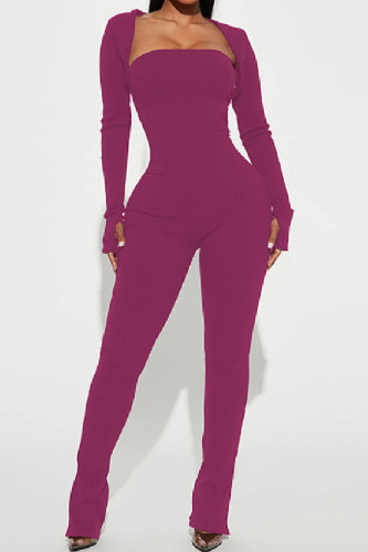 Fuchsia Casual Solid Basic Strapless Long Sleeve Two Pieces