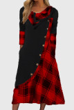 Серо-красные повседневные платья в стиле пэчворк с круглым вырезом и длинными рукавами в клетку