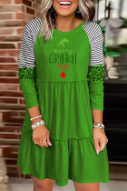 Vestidos retos com estampa casual verde ciano patchwork com decote em O