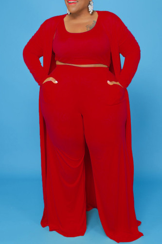 Red Casual Solid Basic U Neck Plus Size Three Piece Set