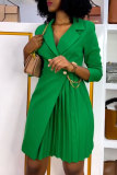 Verde casual doce diário elegante correntes cor sólida plissado gola virada para trás vestidos assimétricos