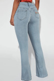 Jeans in denim regolari a vita alta ricamati tinta unita casual blu chiaro