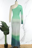 Green Sexy Elegant Gradual Change Patchwork One Shoulder Printed Dress Dresses
