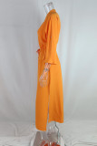 ブルー カジュアル ソリッド 小帯 スリット V ネック ロング ドレス ドレス