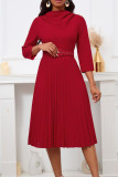 Patchwork sólido elegante vermelho com cinto plissado em O pescoço vestidos linha A