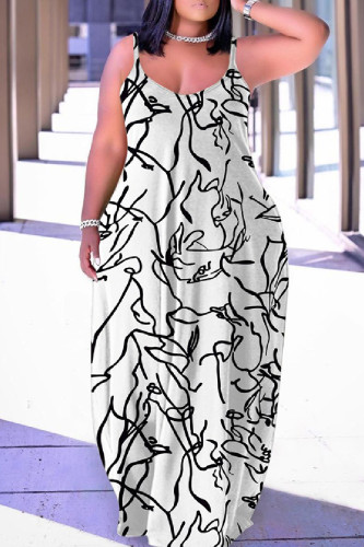 White Black Sexy Casual Print Backless Spaghetti Strap Long Dress Dresses