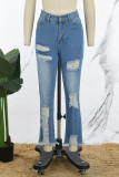 Голубые уличные однотонные рваные джинсы с карманами и пуговицами на молнии с высокой талией и прямыми джинсовыми джинсами