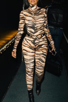 Skinny jumpsuits met tijgerpatroon, straatdierenprint en patchwork, halve coltrui