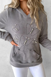 Grey Casual Butterfly Patchwork Pearl Hooded Collar Tops