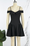 Black Sexy Casual Solid Backless Spaghetti Strap Short Sleeve Dress