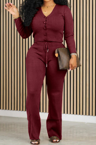 Dark Red Casual Solid Basic V Neck Long Sleeve Two Pieces