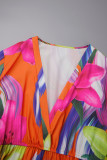 Tangerina elegante floral patchwork decote em V vestido estampado vestidos plus size