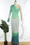 Grön Sexig Elegant Gradual Change Patchwork One Shoulder Printed Dress Klänningar