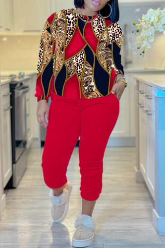 Red Casual Graphcis Print O Neck Long Sleeve Sweatshirt And Pants Sportwear Two Piece Jogger Set