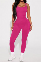 Rose Red Sexig Casual Sportswear Solid Backless Spaghetti Strap Skinny Jumpsuits