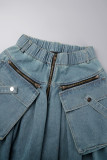 Blauwe elegante effen zakrits en losse denim jeans met middentaille