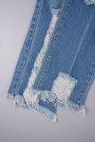 Bebê azul rua sólido rasgado retalhos bolso botões zíper cintura alta jeans reto
