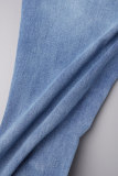 Blaue Street Solid zerrissene Patchwork-Jeans mit Knöpfen, Schlitz, Reißverschluss und mittelhoher Taille