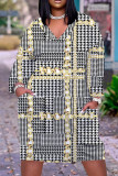 Vestidos de manga comprida com decote em V básico estampa casual ciano