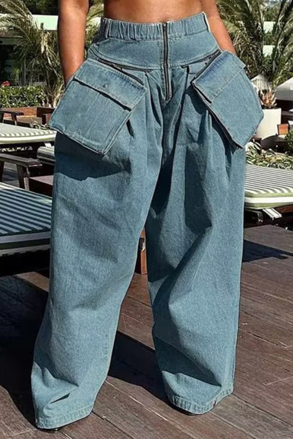 Blå Elegant Solid Pocket Dragkedja Mid Waist Lösa denim jeans