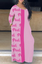 Vestidos de manga larga con cuello en V básicos con estampado casual rosa
