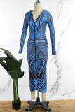 Blaue Promi-Kleider mit Streifen, Patchwork, Reißverschluss, O-Ausschnitt, bedruckt
