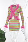 Multicolor Street Striped Patchwork Feathers V Neck Long Sleeve Two Pieces