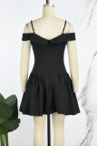 Black Sexy Casual Solid Backless Spaghetti Strap Short Sleeve Dress