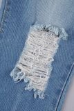 Jeans denim dritti a vita alta con bottoni con tasche patchwork strappati tinta unita blu baby