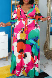 Vestido longo multicolorido casual estampado frênulo com decote em V Vestidos plus size