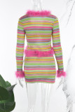 Multicolor Street Striped Patchwork Feathers V Neck Long Sleeve Two Pieces