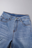 Jeans in denim con taglio a stivale a vita media con bottoni patchwork strappati solidi blu Street