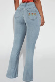 Ljusblå Casual solid broderade hög midja vanliga denim jeans