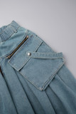 Azul Elegante Bolso Sólido Zíper Cintura Média Solta Jeans Jeans
