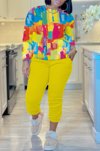Yellow Casual Graphcis Print O Neck Long Sleeve Sweatshirt And Pants Sportwear Two Piece Jogger Set