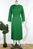 Patchwork solide élégant vert avec ceinture plissée col rond robes trapèze