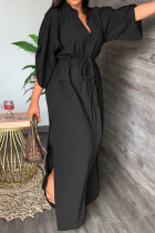Black Casual Solid Frenulum Slit V Neck Long Dress Dresses