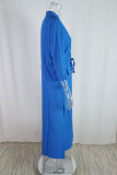Robe longue décontractée bleue à fente frenule unie et col en V