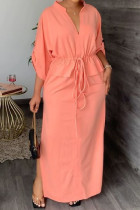 ピンク カジュアル ソリッド 小帯 スリット V ネック ロング ドレス ドレス