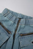 Jeans in denim larghi a vita media con cerniera blu elegante e tinta unita