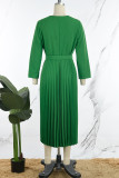 Patchwork solide élégant vert avec ceinture plissée col rond robes trapèze