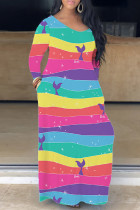 Multicolor Casual Print Basic V-Ausschnitt Langarm-Kleider