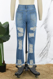 Jeans denim dritti a vita alta con bottoni con tasche patchwork strappati tinta unita blu baby