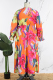 Tangerine elegante bloemen patchwork jurk met V-hals en print, plus maten jurken