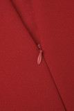 Patchwork solido rosso elegante con cintura pieghettata o collo abiti a trapezio