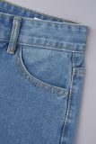 Baby Blue Street Solid Patchwork Pocket Buttons Zipper High Waist Straight Ripped Denim Jeans