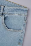 Hellblaue, lässige, einfarbige, bestickte Jeans mit hoher Taille und normaler Passform
