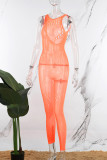 Orange Sexig Solid Ripped Patchwork Genomskinlig O-hals Skinny Jumpsuits