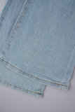 Jeans in denim regolari a vita alta ricamati tinta unita casual blu chiaro
